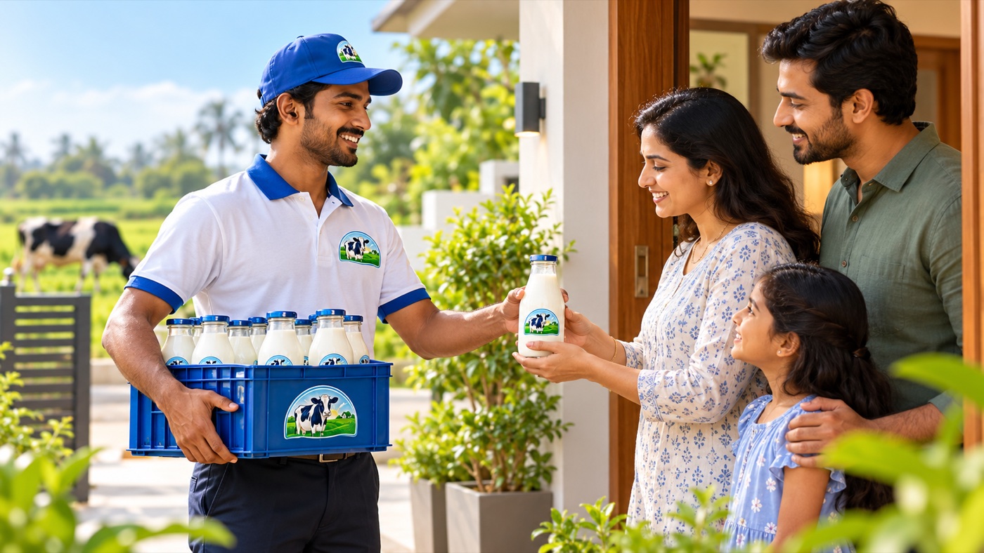 Milk bottles handed over at a front door