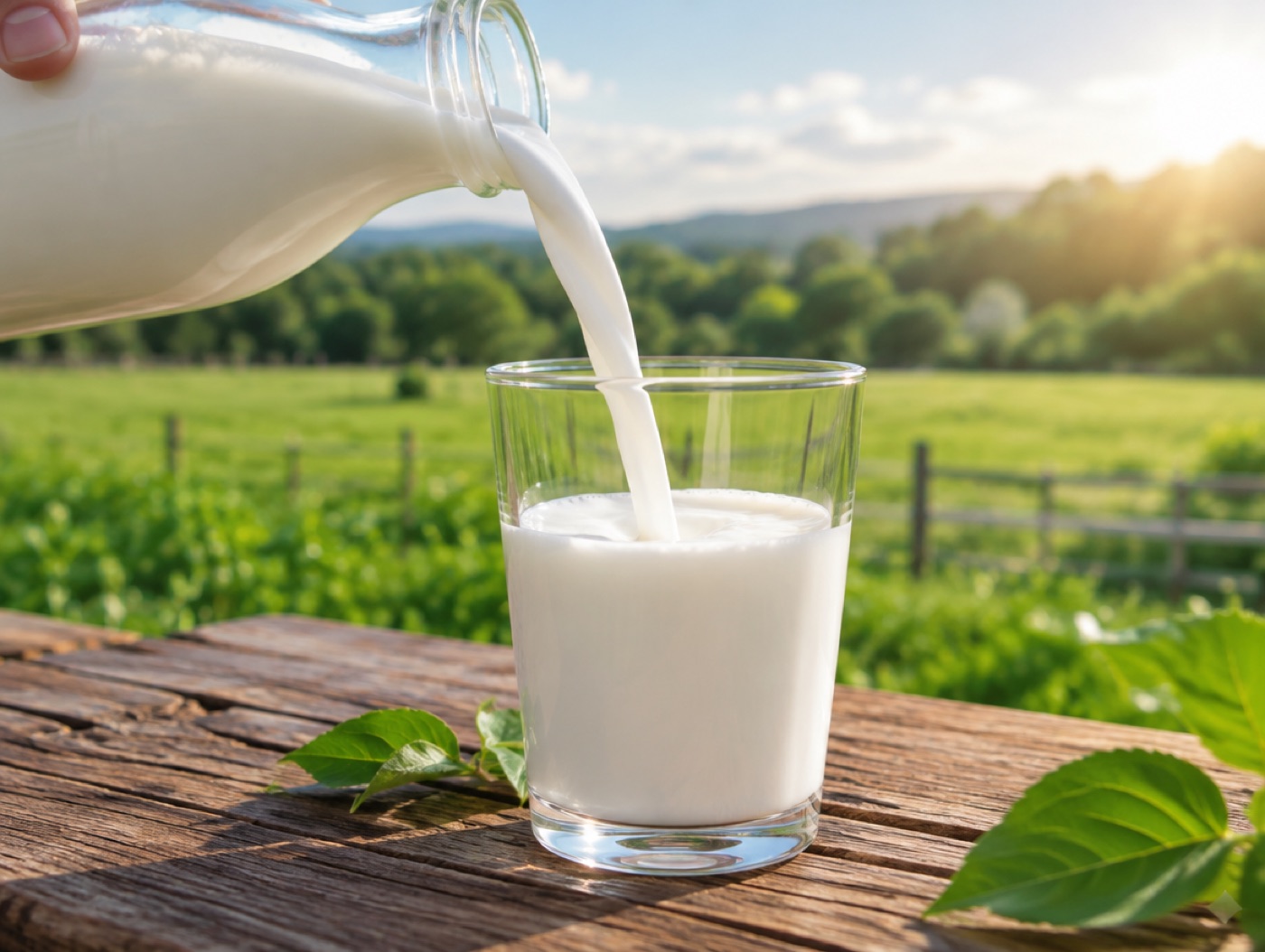 Fresh milk poured into a glass on a farm